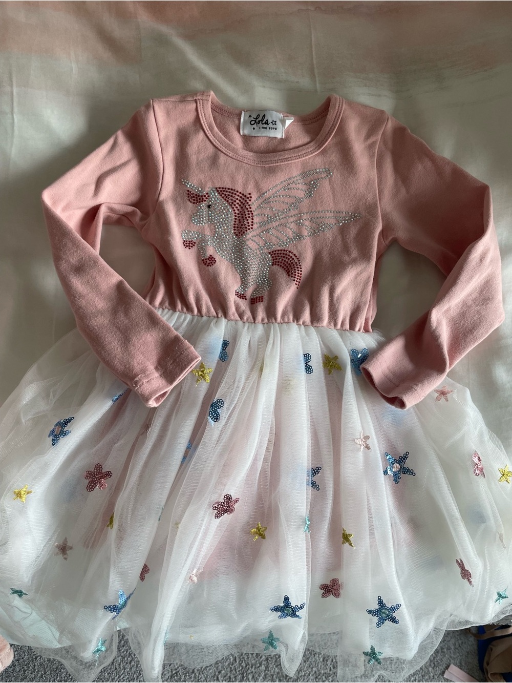 Lola + The Boys Pink Unicorn Tulle Party Dress with Sequin Stars